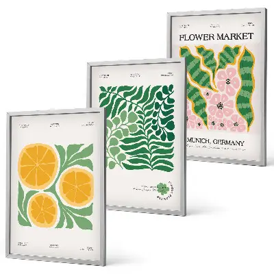 Juego de 3 cuadros con motivos de frutas y plantas en tonos pastel