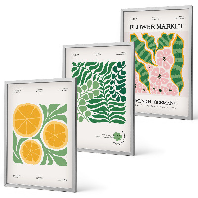 Juego de 3 cuadros Motivos de frutas y plantas en tonos pastel