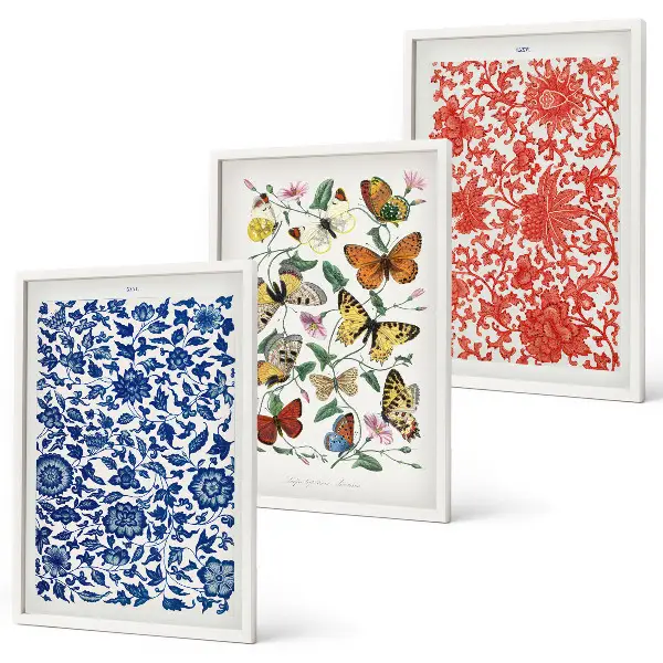 Set de 3 cuadros de flores y mariposas adornos de estilo vintage para salón