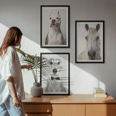 Set de 3 cuadros de retratos de perros y caballos con diseño elegante para salón