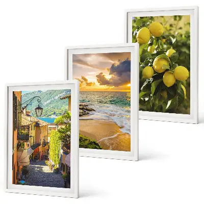 Set de 3 cuadros para salón con diseño de calles, mar, playa y árboles cítricos