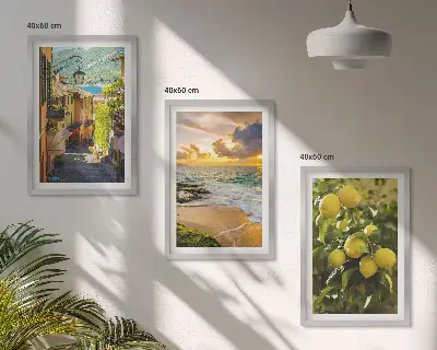 Set de 3 cuadros para salón con diseño de calles, mar, playa y árboles cítricos