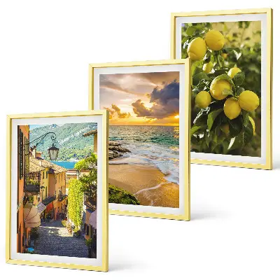 Set de 3 cuadros para salón con diseño de calles, mar, playa y árboles cítricos