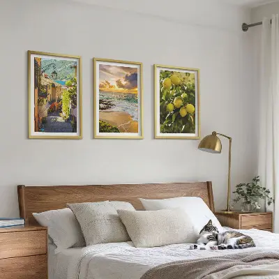 Set de 3 cuadros para salón con diseño de calles, mar, playa y árboles cítricos