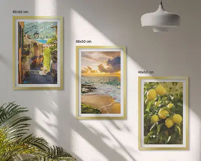 Set de 3 cuadros para salón con diseño de calles, mar, playa y árboles cítricos