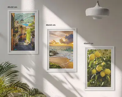 Set de 3 cuadros para salón con diseño de calles, mar, playa y árboles cítricos