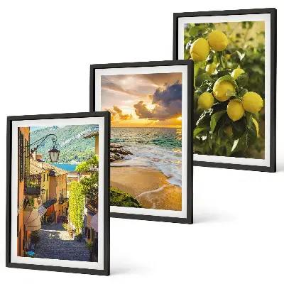 Set de 3 cuadros para salón con diseño de calles, mar, playa y árboles cítricos