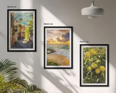 Set de 3 cuadros para salón con diseño de calles, mar, playa y árboles cítricos