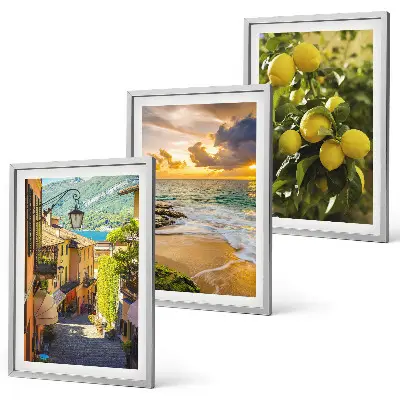 Set de 3 cuadros para salón con diseño de calles, mar, playa y árboles cítricos