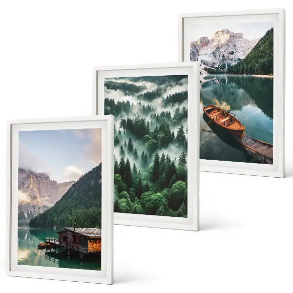 Set de 3 cuadros para salón con paisaje de lago de montaña, barco, bosque y niebla