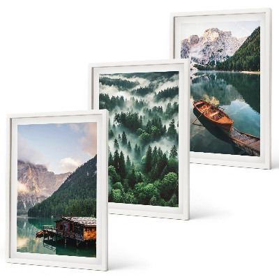 Set de 3 cuadros para salón Lago de montaña, barco, bosque, niebla
