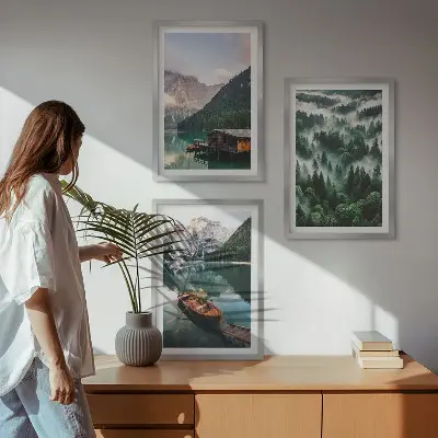 Set de 3 cuadros para salón con paisaje de lago de montaña, barco, bosque y niebla