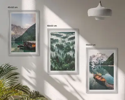 Set de 3 cuadros para salón con paisaje de lago de montaña, barco, bosque y niebla