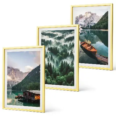 Set de 3 cuadros para salón con paisaje de lago de montaña, barco, bosque y niebla