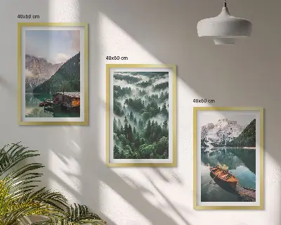 Set de 3 cuadros para salón con paisaje de lago de montaña, barco, bosque y niebla