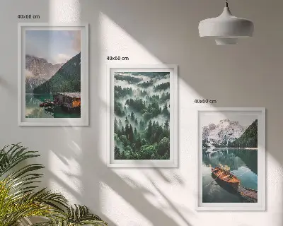 Set de 3 cuadros para salón con paisaje de lago de montaña, barco, bosque y niebla