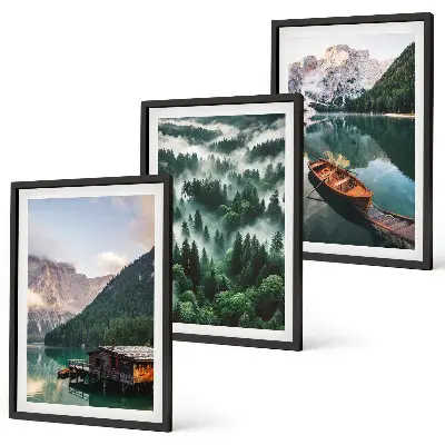 Set de 3 cuadros para salón con paisaje de lago de montaña, barco, bosque y niebla