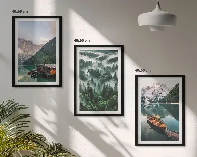 Set de 3 cuadros para salón con paisaje de lago de montaña, barco, bosque y niebla