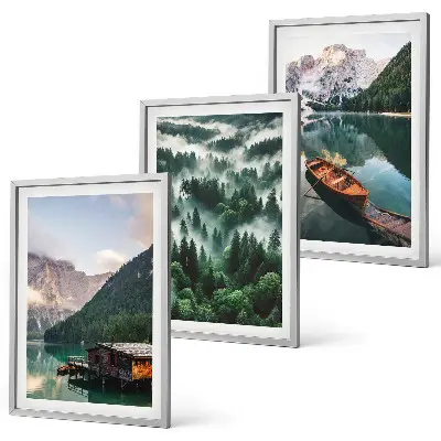 Set de 3 cuadros para salón con paisaje de lago de montaña, barco, bosque y niebla