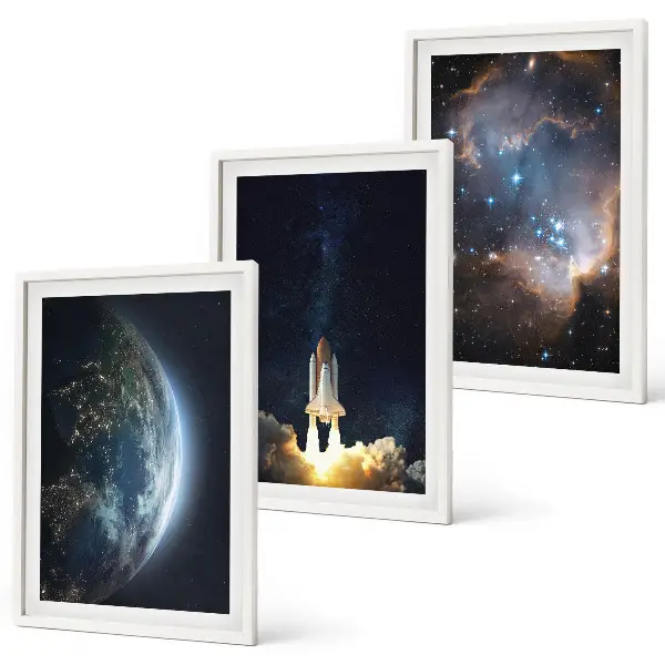 Set de 3 cuadros para salón con diseño de galaxia y cohete espacial