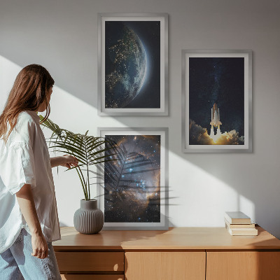 Set de 3 cuadros para salón Galaxia del cohete espacial Tierra