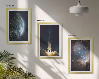 Set de 3 cuadros para salón con diseño de galaxia y cohete espacial