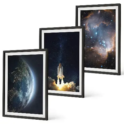 Set de 3 cuadros para salón con diseño de galaxia y cohete espacial