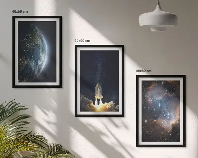 Set de 3 cuadros para salón con diseño de galaxia y cohete espacial