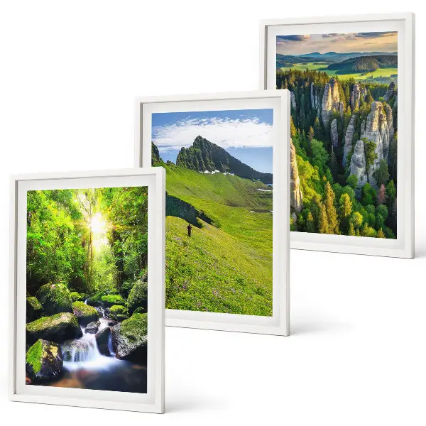 Juego de 3 cuadros paisaje de bosque con cascadas en montañas verdes