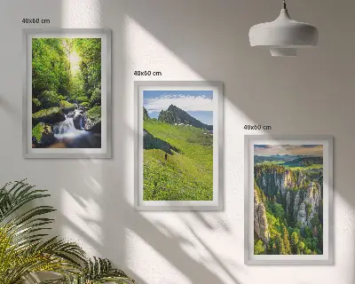 Juego de 3 cuadros paisaje de bosque con cascadas en montañas verdes
