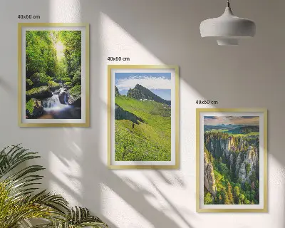 Juego de 3 cuadros paisaje de bosque con cascadas en montañas verdes