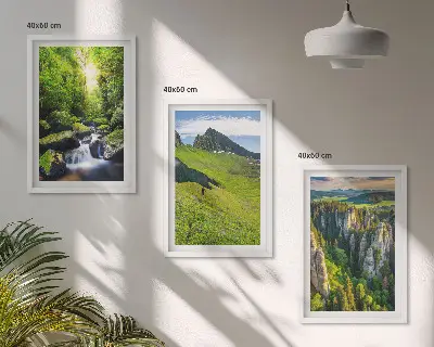 Juego de 3 cuadros paisaje de bosque con cascadas en montañas verdes