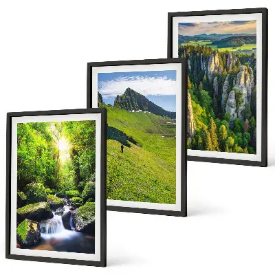 Juego de 3 cuadros paisaje de bosque con cascadas en montañas verdes