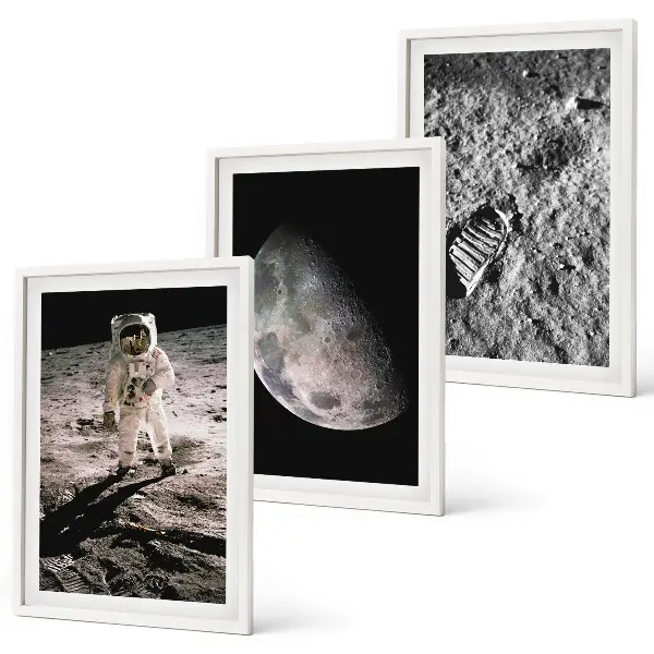 Set de 3 cuadros para salón con fotografía de astronauta en la Luna