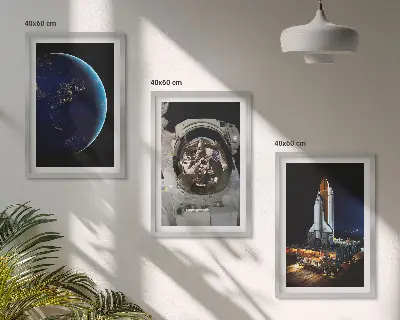 Set de 3 cuadros de astronauta en el espacio decoración para salón con diseño de cohete