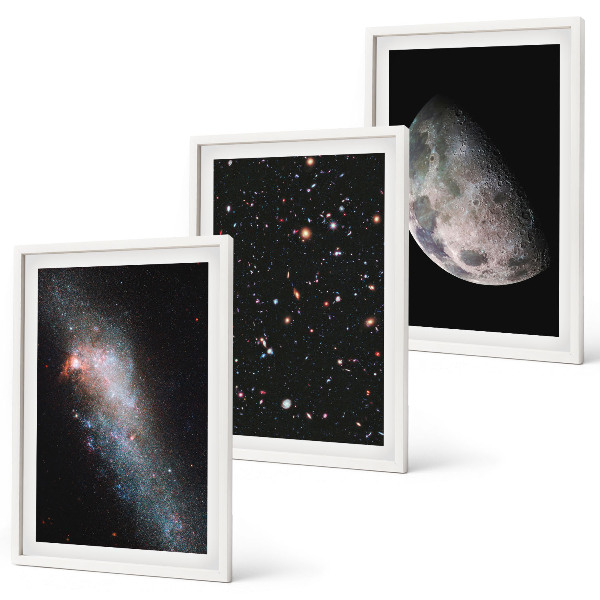 Juego de 3 cuadros Galaxias espaciales, estrellas, luna