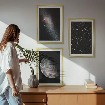 Juego de 3 cuadros con diseño de galaxias espaciales, estrellas y luna