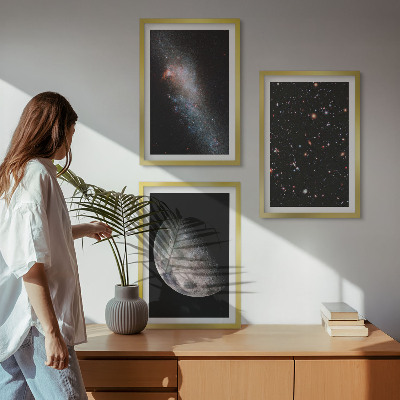 Juego de 3 cuadros Galaxias espaciales, estrellas, luna