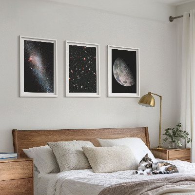 Juego de 3 cuadros Galaxias espaciales, estrellas, luna