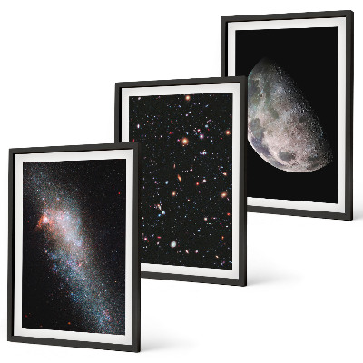 Juego de 3 cuadros Galaxias espaciales, estrellas, luna