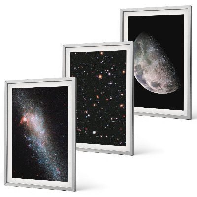 Juego de 3 cuadros Galaxias espaciales, estrellas, luna