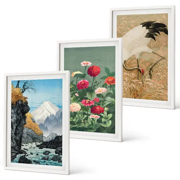 Juego de 3 cuadros con diseño de paisaje de montañas, río, flores y grullas