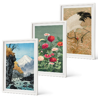 Juego de 3 cuadros Paisaje de montañas, río, flores, grullas
