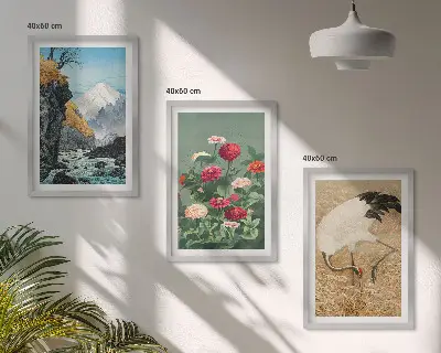 Juego de 3 cuadros con diseño de paisaje de montañas, río, flores y grullas