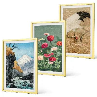 Juego de 3 cuadros con diseño de paisaje de montañas, río, flores y grullas