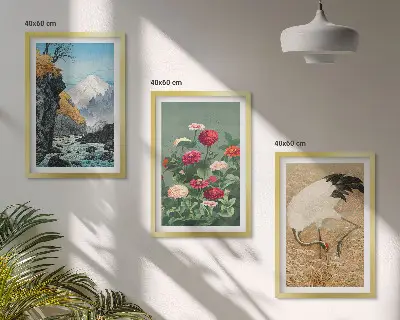 Juego de 3 cuadros con diseño de paisaje de montañas, río, flores y grullas