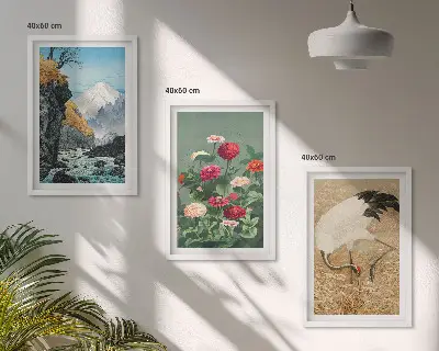 Juego de 3 cuadros con diseño de paisaje de montañas, río, flores y grullas