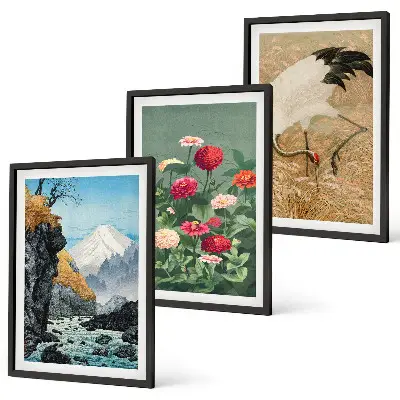 Juego de 3 cuadros con diseño de paisaje de montañas, río, flores y grullas