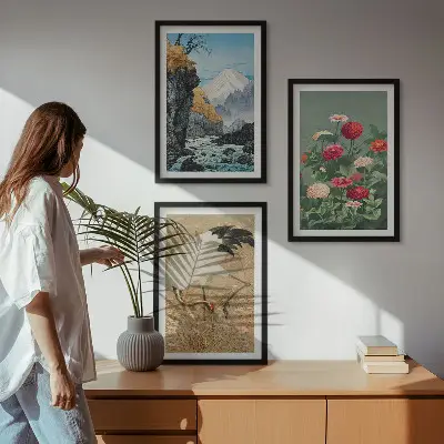 Juego de 3 cuadros con diseño de paisaje de montañas, río, flores y grullas