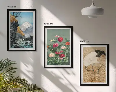 Juego de 3 cuadros con diseño de paisaje de montañas, río, flores y grullas